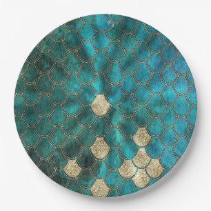 Aqua green Mermaidscales with gold glitter Paper Plate
