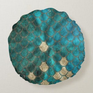 Aqua green Mermaidscales with gold glitter Round Pillow