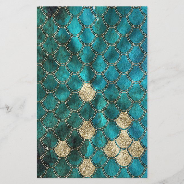 Aqua green Mermaidscales with gold glitter Stationery (Front)