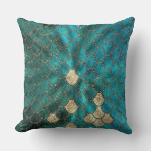 Aqua green Mermaidscales with gold glitter Throw Pillow