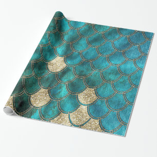 Aqua green Mermaidscales with gold glitter Wrapping Paper