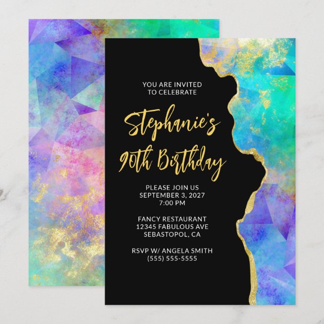 Aqua Green Multi Fire Opal Gold Glam 90th Birthday Invitation (Front/Back)