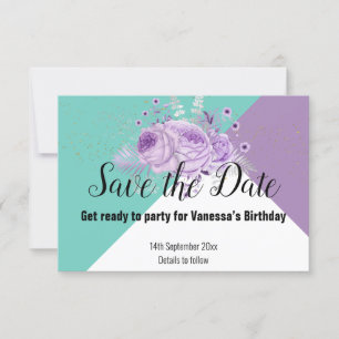 AQUA GREEN PURPLE LILAC FLORAL SAVE THE DATE RSVP CARD