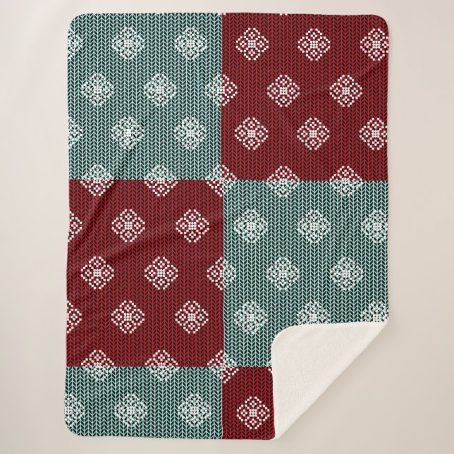 Aqua Green/Red Patchwork Sherpa Blanket (Front)