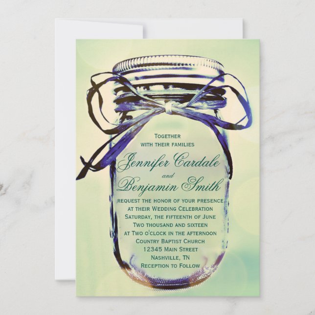 Aqua Green Rustic Mason Jar Wedding Invitations (Front)
