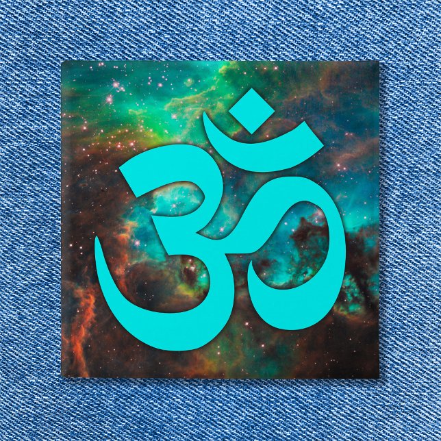 Aqua Green Star Cluster Om Symbol 2 Inch Square Button (Aqua Green Star Cluster Om Symbol Button)