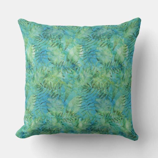 Aqua Green Tropical Hawaii Leaves Watercolor Outdoor Pillow (Front)