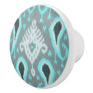 Aqua Green Turquoise Blue Grey Ikat Art Pattern Ceramic Knob