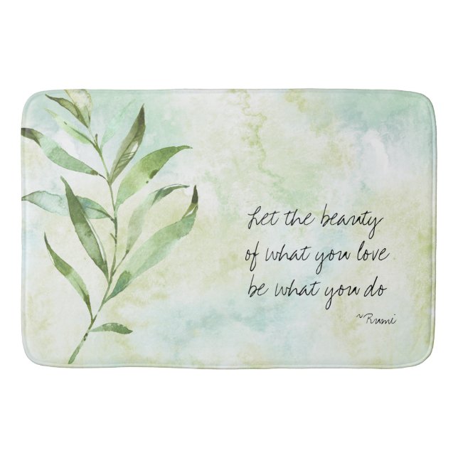 Aqua Green Watercolor Leaves Rumi Quote Bath Mat (Front)