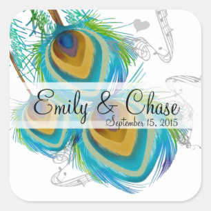 Aqua Grey 3 Peacock Feathers Wedding Sticker