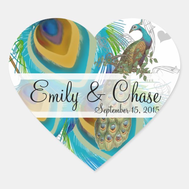 Aqua Grey 3 Peacock Feathers Wedding Sticker (Front)