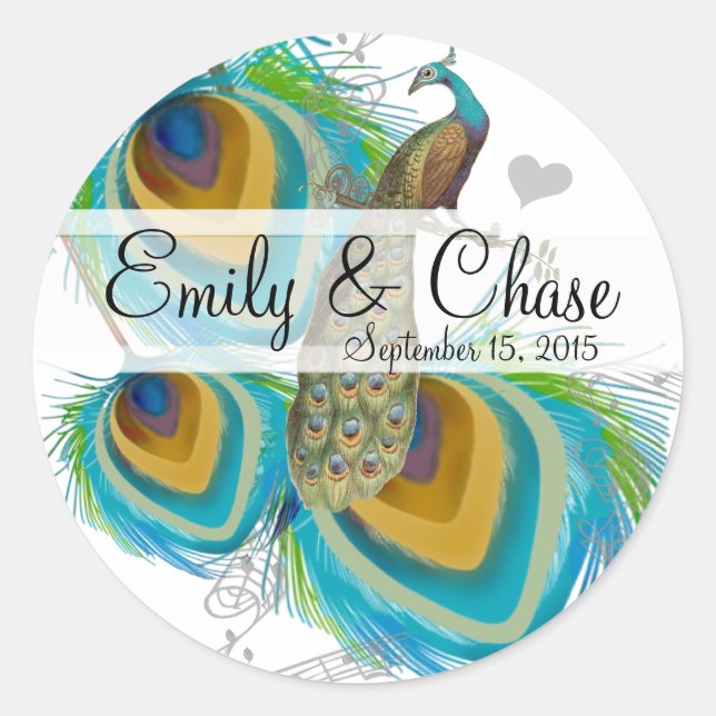 Aqua Grey 3 Peacock Feathers Wedding Sticker (Front)