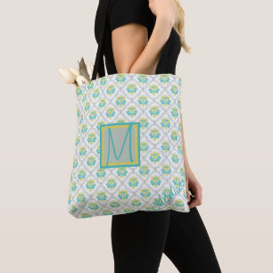 Aqua Grey and Chartreuse Pattern Trendy Monogram Tote Bag