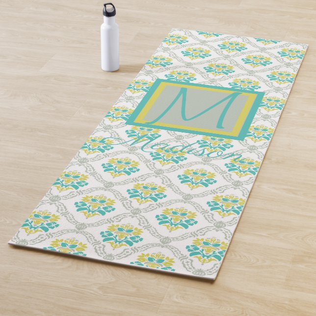 Aqua Grey and Chartreuse Trendy Monogram Yoga Mat (In Situ)