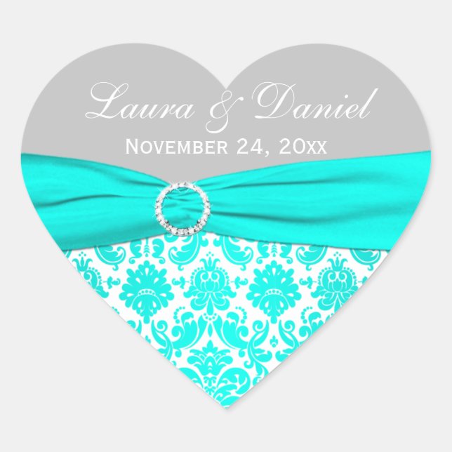 Aqua, Grey, and White Damask Heart Shape Sticker (Front)