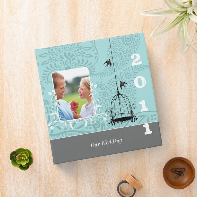 Aqua & Grey Bird Cage Your Photo Wedding Planner 2 Binder (In Situ)