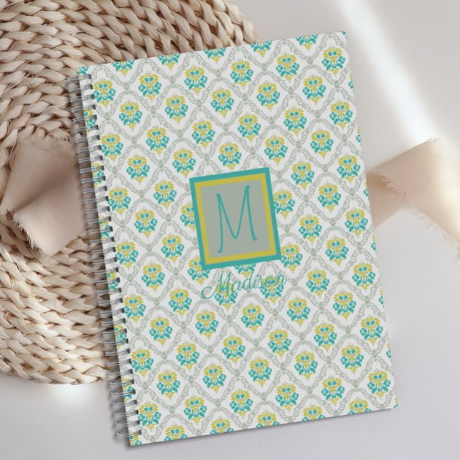 Aqua Grey Chartreuse Trendy Monogram Planner (Creator Uploaded)