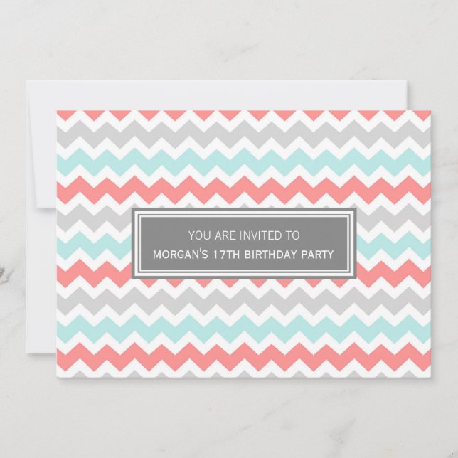 Aqua Grey Chevron 17th Birthday Party Invitation (Front)