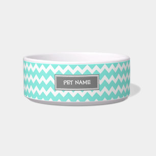 Aqua Grey Chevron Custom Name Cat Bowl