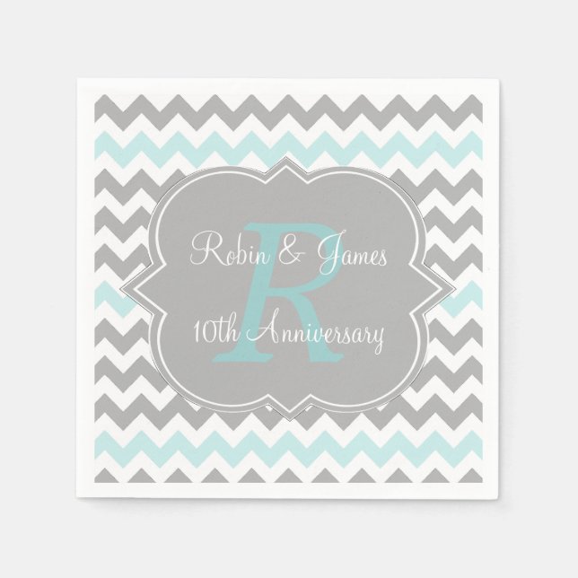 Aqua Grey Chevron Personalized Anniversary Napkins (Front)