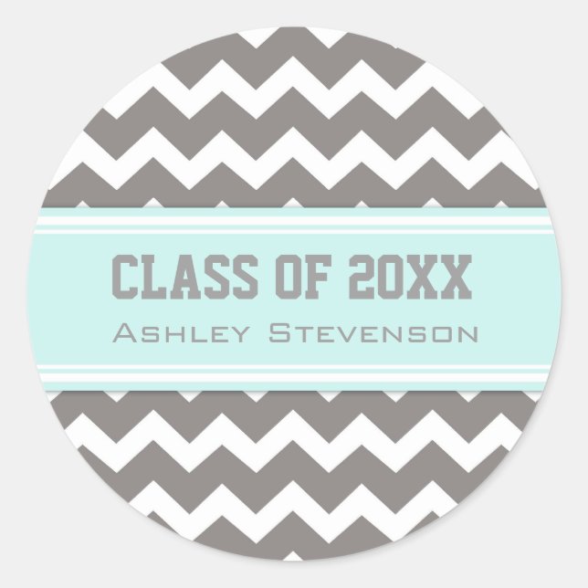 Aqua Grey Chevrons Graduation Custom Name Classic Round Sticker (Front)
