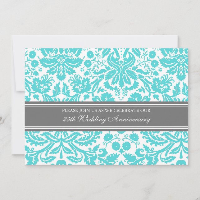 Aqua Grey Damask 25th Anniversary Invitation (Front)