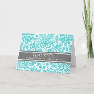Aqua Grey Damask Birthday Party Thank You Card