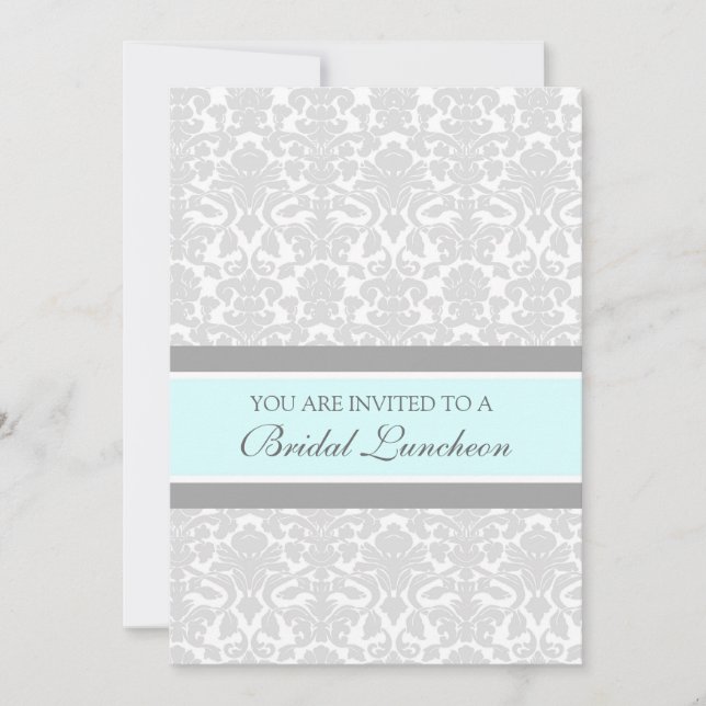 Aqua Grey Damask Bridal Lunch Invitation Cards (Front)