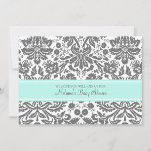 Aqua Grey Damask Custom Baby Shower Invitations