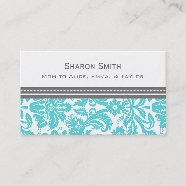 Aqua Grey Damask Mom Calling Cards (Front)