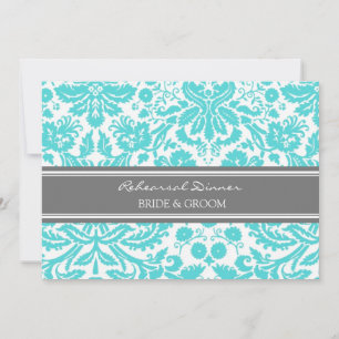 Aqua Grey Damask Rehearsal Dinner Party Invitation