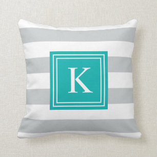 Aqua & Grey Monogram Striped   Throw Pillow