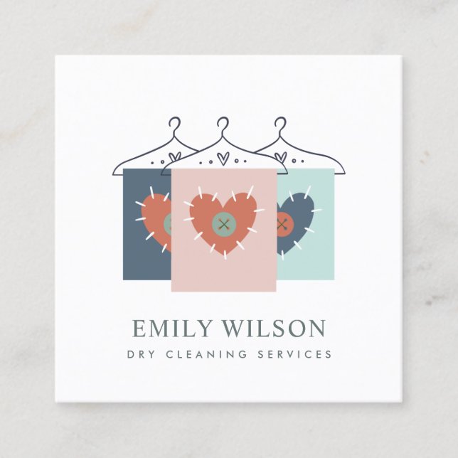 AQUA GREY ORANGE BLUSH HANGING CLOTHES DRYCLEANER SQUARE BUSINESS CARD (Front)