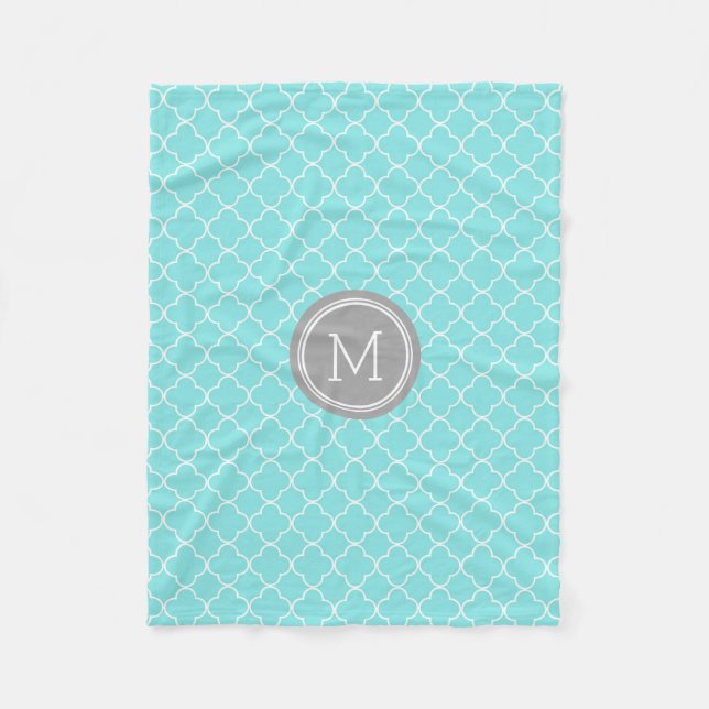 Aqua Grey Quatrefoil Pattern Monogram Blanket (Front)