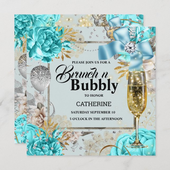 Aqua grey rose shabby chic bubbly glitter invitation (Front/Back)
