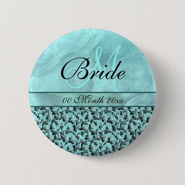 aqua grey wedding bride floral damask 2 inch round button (Front)