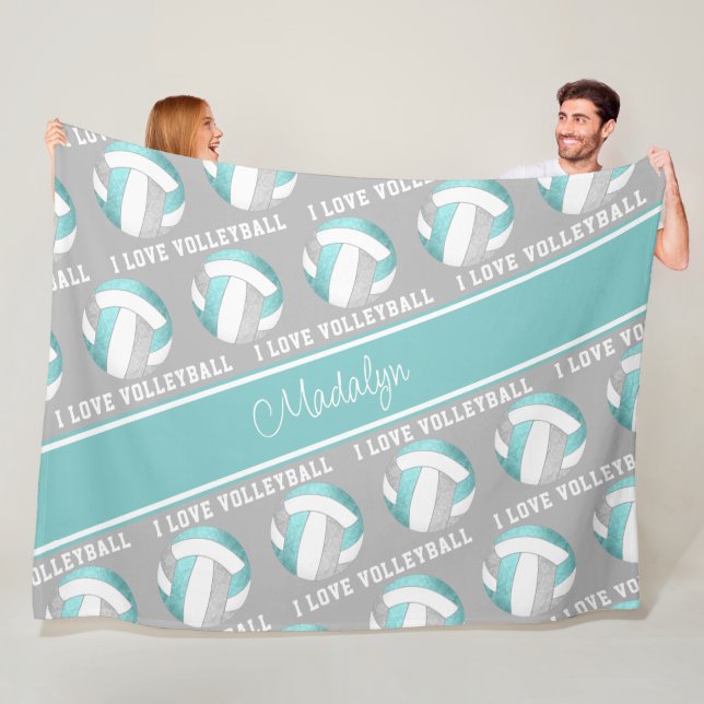aqua grey white girls love volleyball sports room  fleece blanket (In Situ)