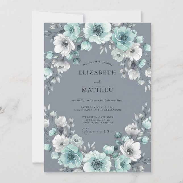 Aqua Grey Wreath Wedding Invitation (Front)