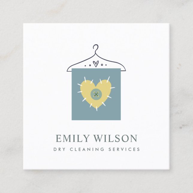 AQUA GREY YELLOW  GREEN HANGING CLOTHES DRYCLEANER SQUARE BUSINESS CARD (Front)
