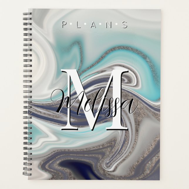 Aqua gris noir Monogramme Abstrait Planificateur (Devant)