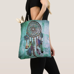Aqua Grunge   Boho Style Dreamcatcher Tote Bag