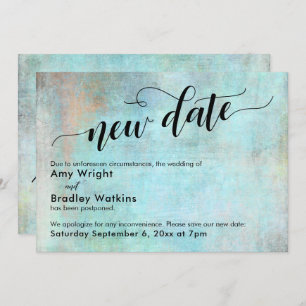 Aqua Grunge New Date Postponed Wedding Update Card