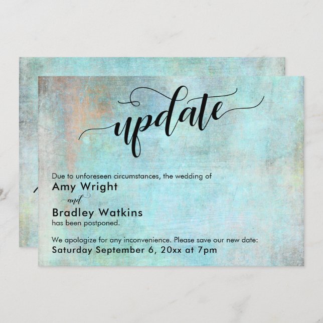 Aqua Grunge Update Postponed Wedding Update Card (Front/Back)