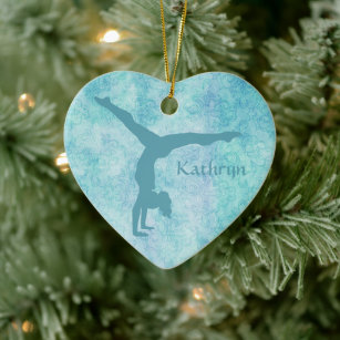 Aqua Gymnast on Teal Pattern Ceramic Ornament