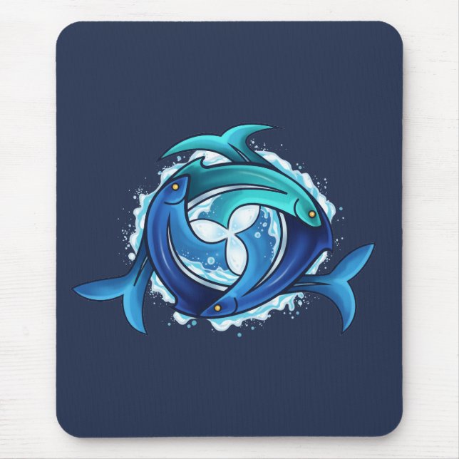 Aqua Harmony: Intertwined Fish Trinity Mouse Pad (Front)