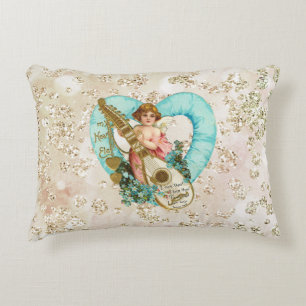 Aqua Heart Golden Cherub & Harp Bokeh Bling Accent Pillow