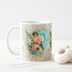 Aqua Heart Golden Cherub & Harp Bokeh Bling Coffee Mug