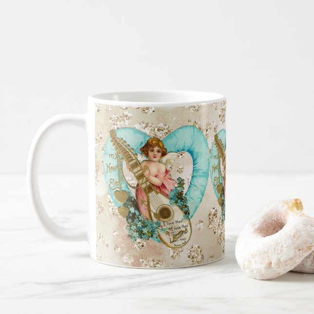 Aqua Heart Golden Cherub & Harp Bokeh Bling Coffee Mug (With Donut)