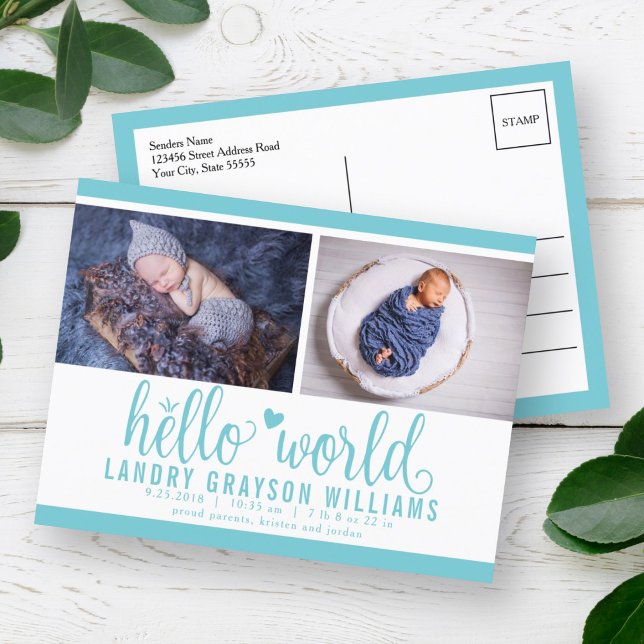 Aqua Hello World Photo Birth Stat Announcement Postcard (Creator Uploaded)