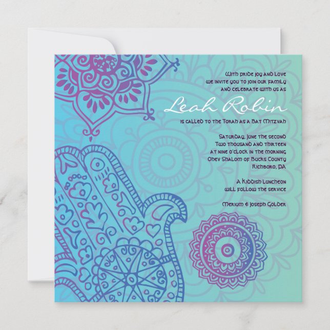 Aqua HEMSA MAIN DE DIEU Invitation Bat mitzvah (Devant)